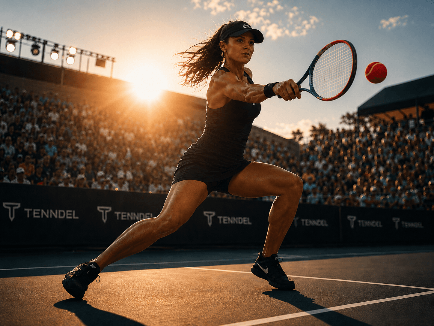 Female Tenndel player swinging a racquet during a rally