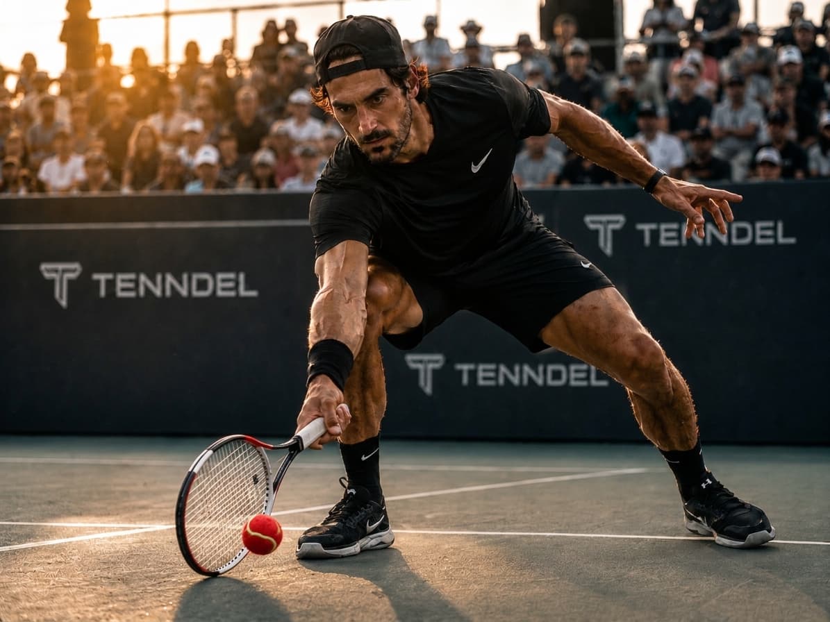 Male Tenndel player bending low to take a shot