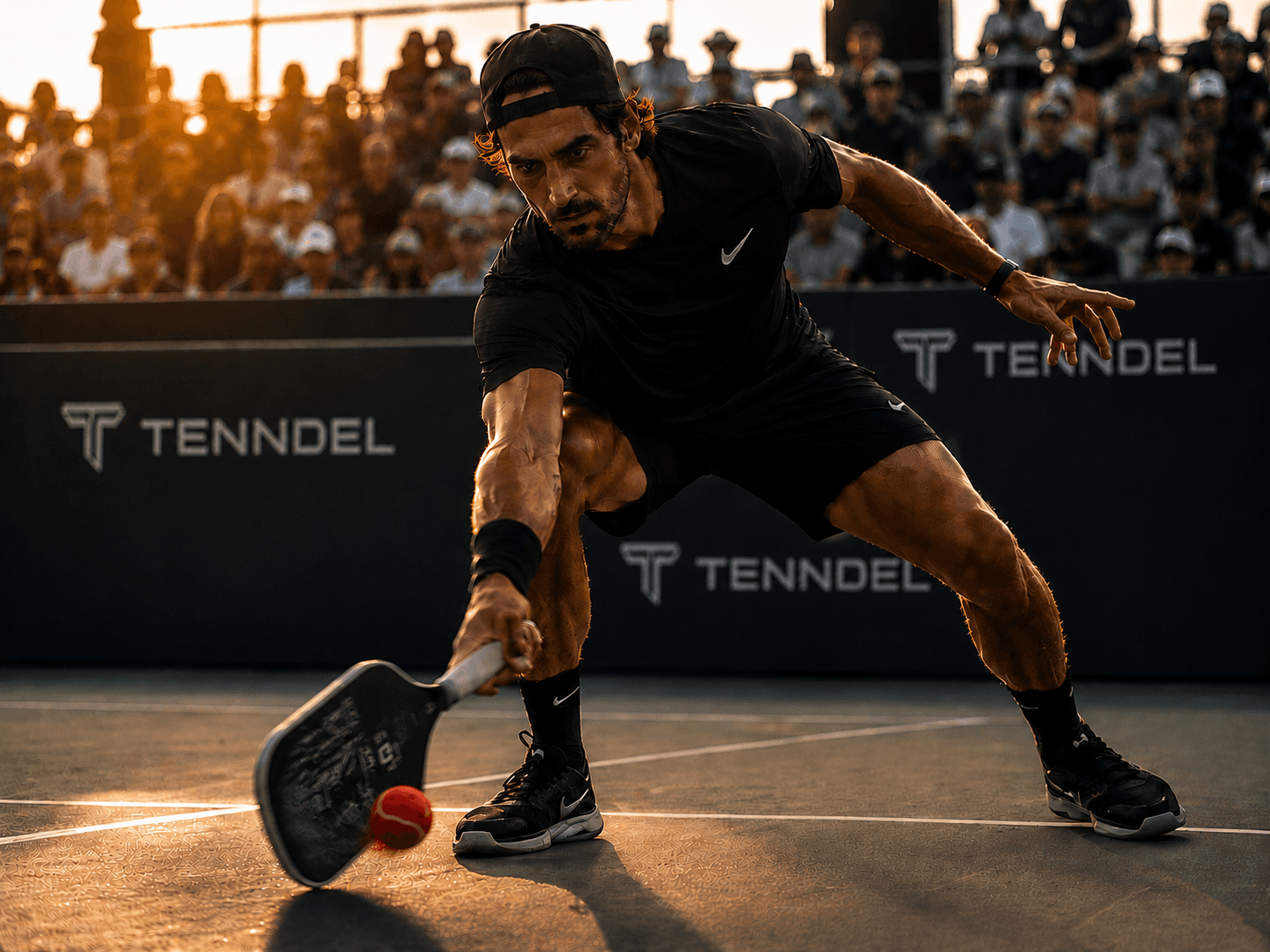 Male Tenndel player bending low to take a shot