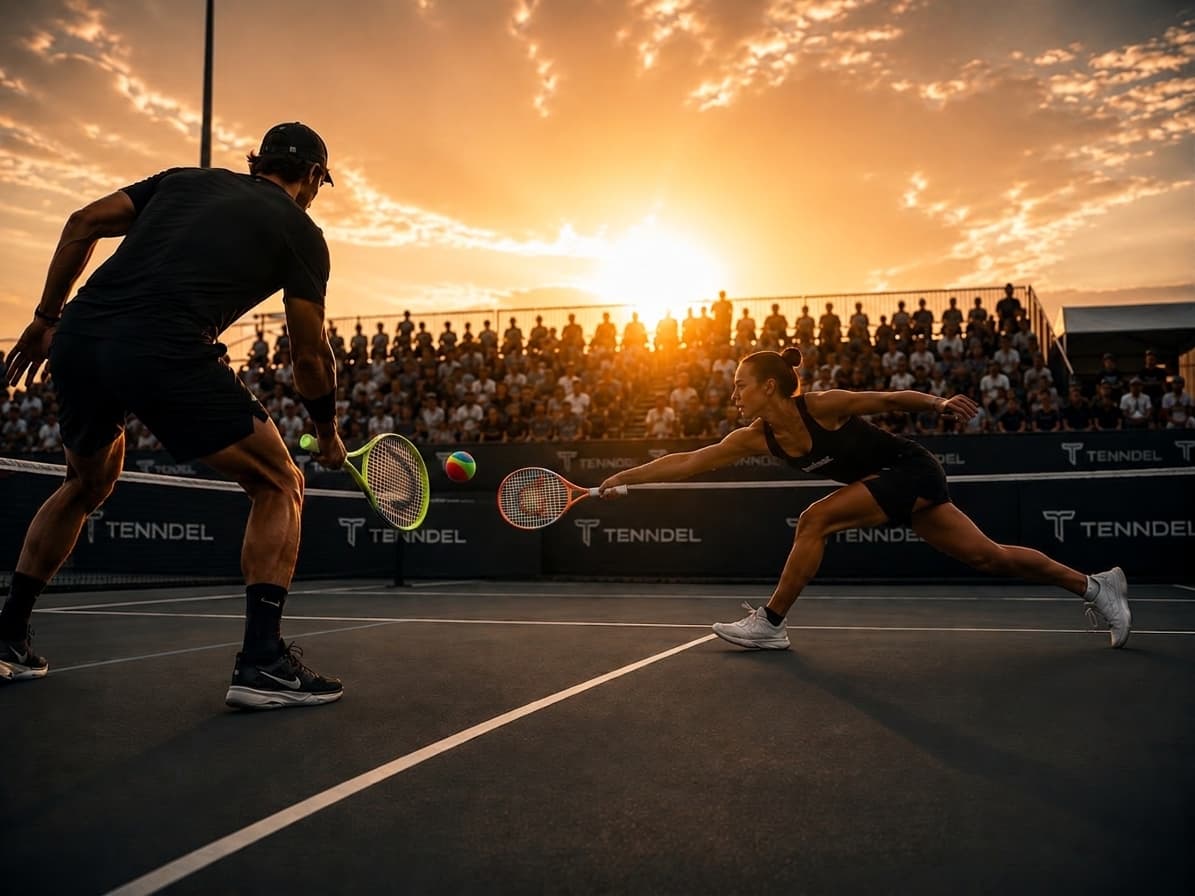 Mixed doubles rally with a player stretching at the net to take a shot
