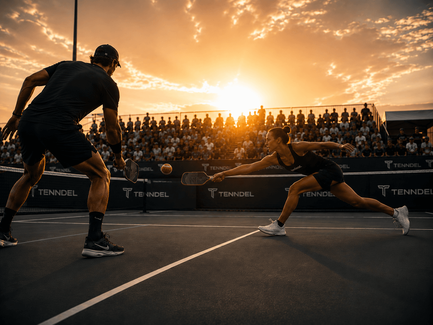 Mixed doubles rally with a player stretching at the net to take a shot