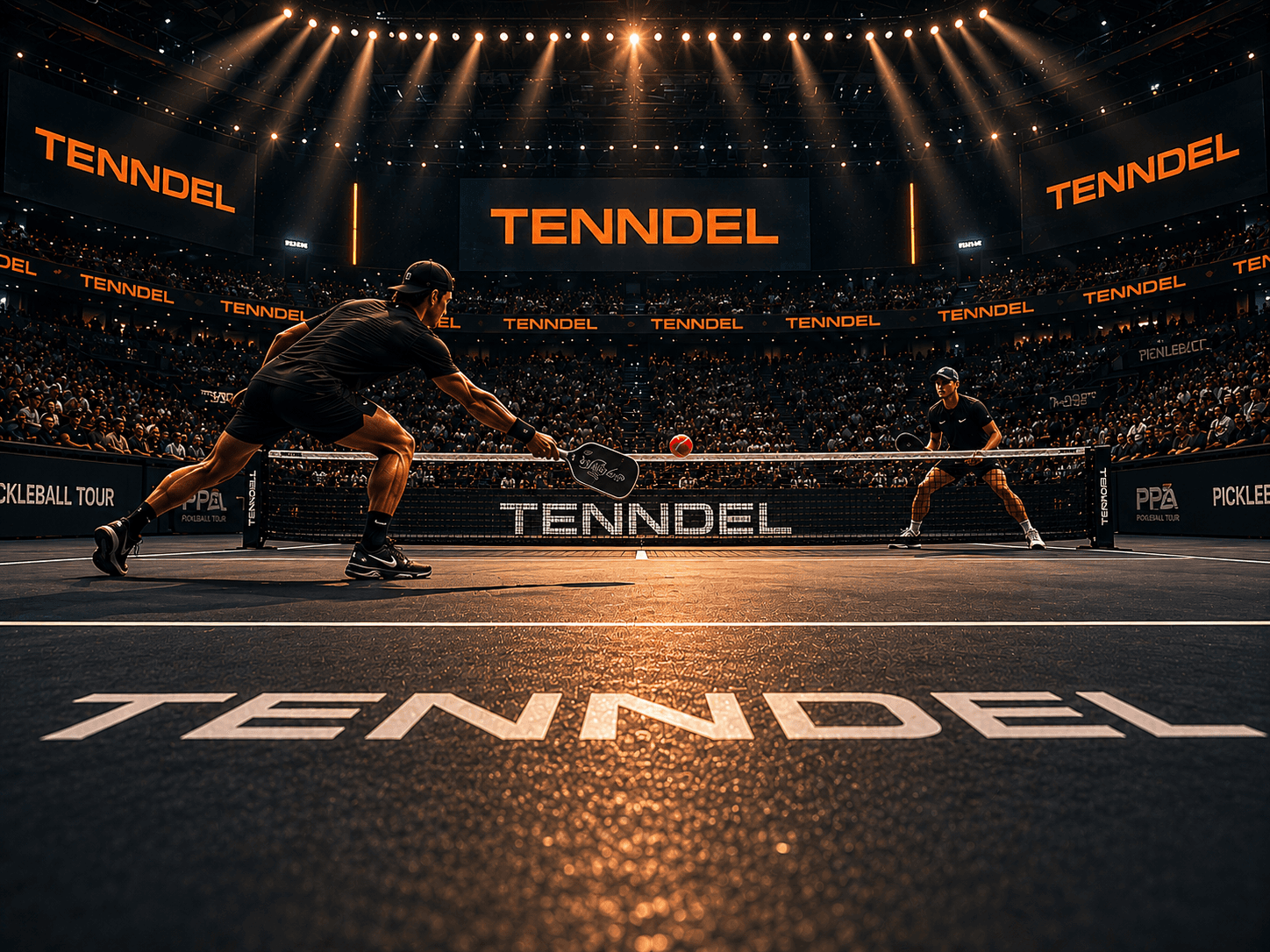 Court-level view of a Tenndel stadium with players and crowd