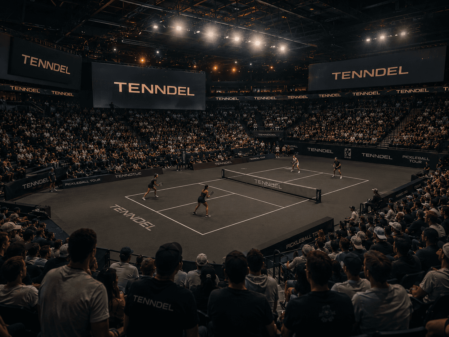Wide view of a Tenndel match at a professional stadium